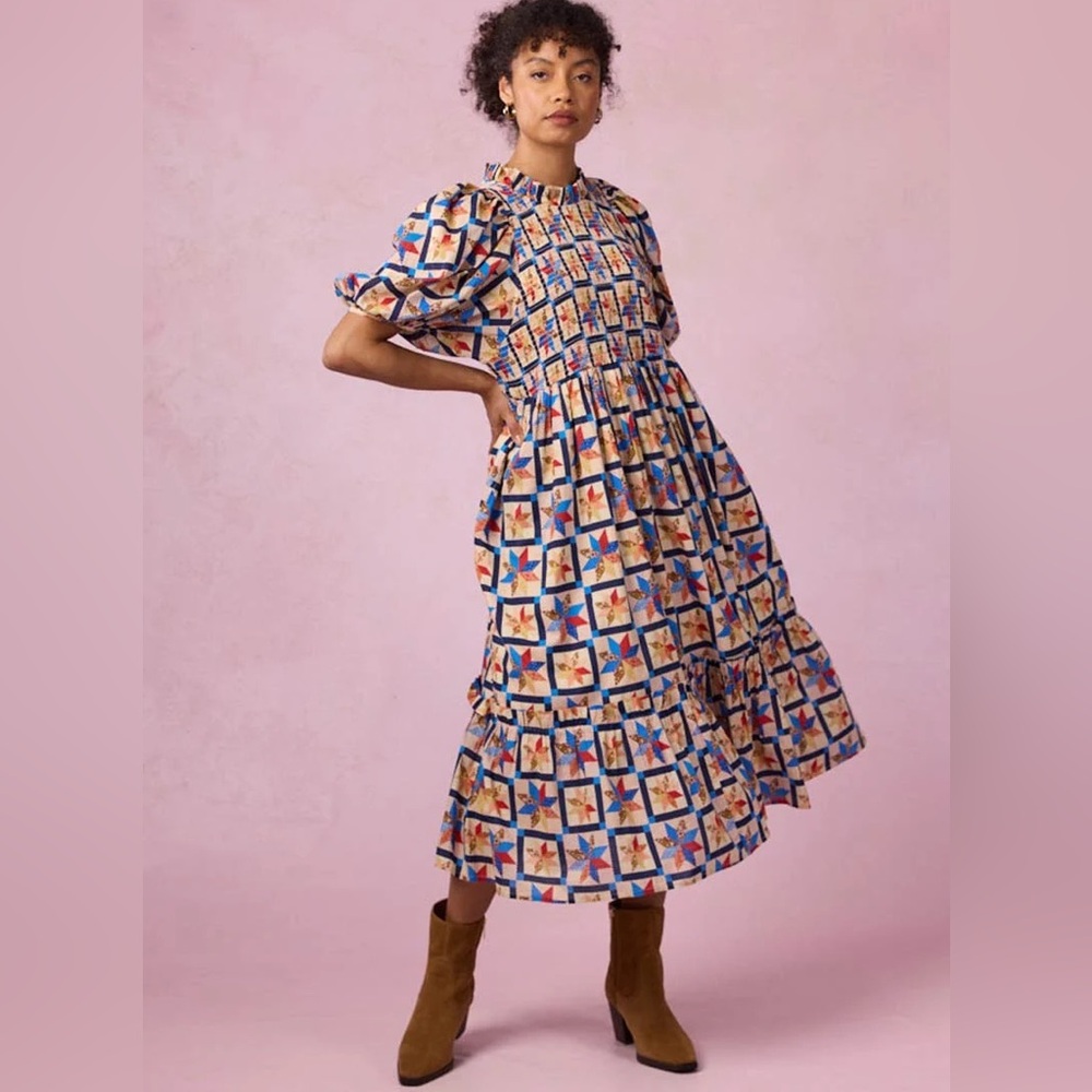 Joanie Clothing Priya Patchwork Print Puff Sleeve Midi Dress